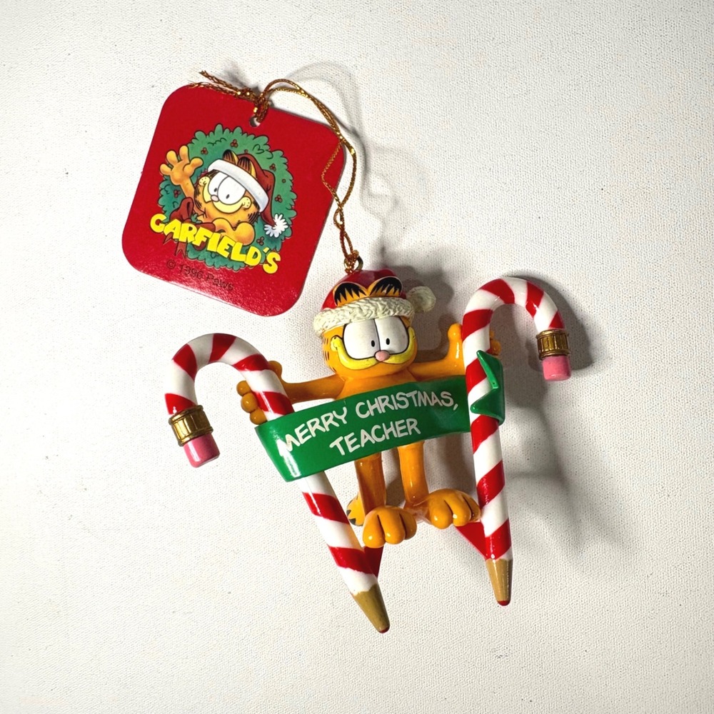 Vintage 1996 Garfield Merry Christmas Teacher Ornament Candy Cane Pencils NWT